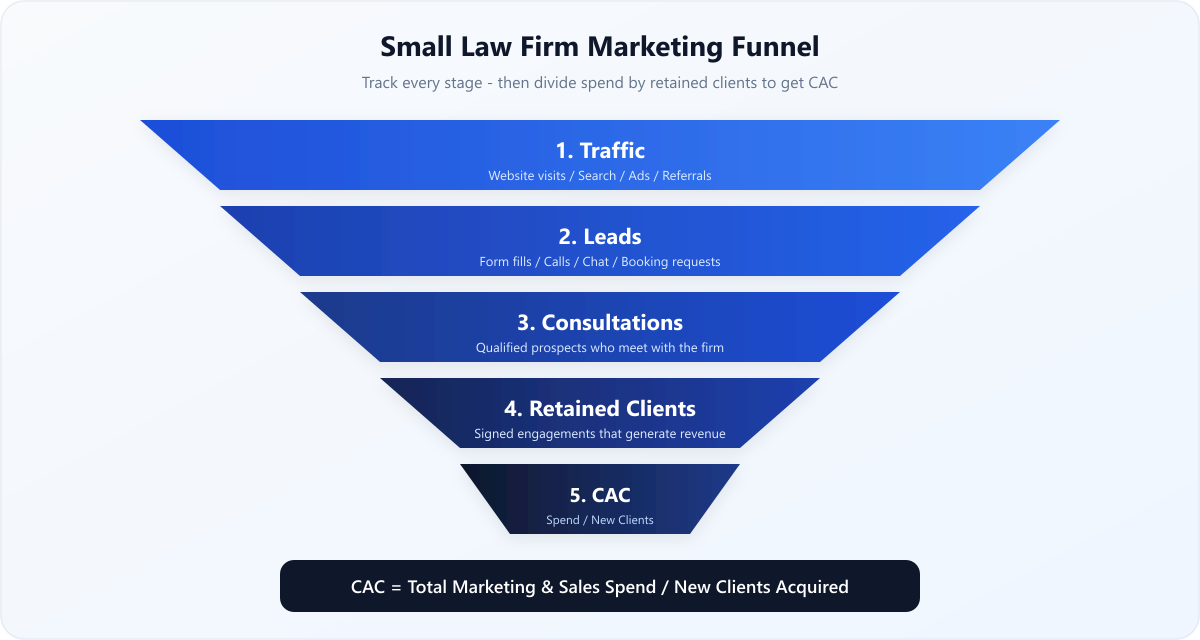 Diagram showing the five-step marketing funnel for small law firms: traffic, leads, consultations, retained clients, and CAC calculation Diagram showing the five-step marketing funnel for small law firms: traffic, leads, consultations, retained clients, and CAC calculation